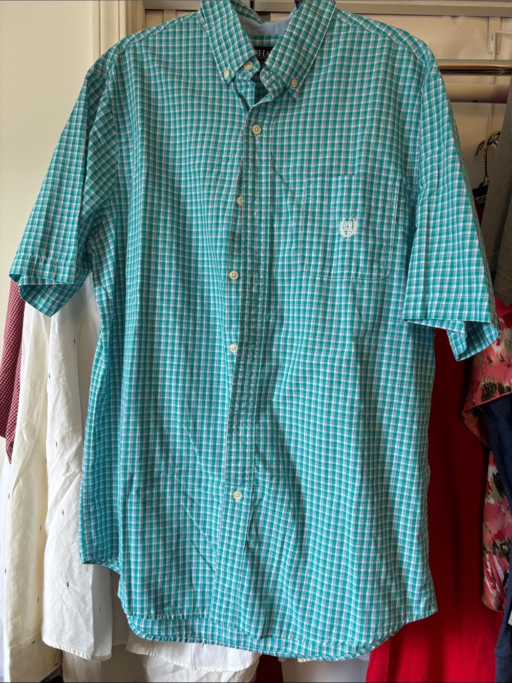 Chaps Teal and White Plaid Short-Sleeve Button-Down Shirt